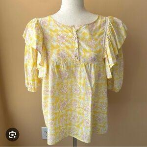 Sunny Yellow Floral Blouse with Ruffle Sleeves